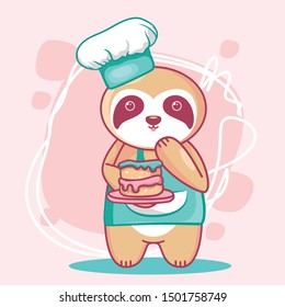 hand drawn cute sloth with cake for kids