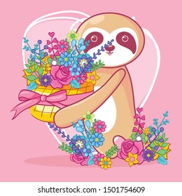 hand drawn cute sloth with flowers