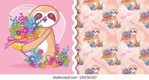 hand drawn cute sloth and flowers with pattern set