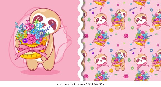 hand drawn cute sloth and flowers with pattern set