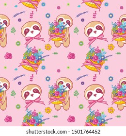 hand drawn cute sloth and flowers with pattern set