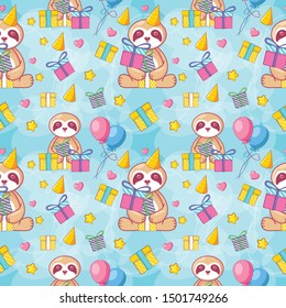 hand drawn cute sloth with gift with pattern set