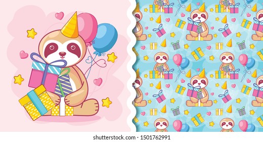hand drawn cute sloth with gift with pattern set