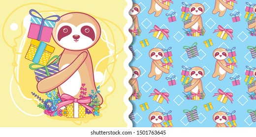 hand drawn cute sloth with gift with pattern set