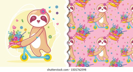 hand drawn cute sloth, greeting card, invitation vector illustration