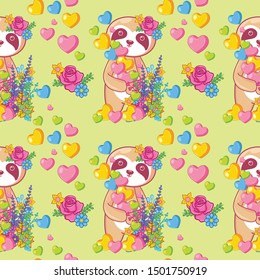 hand drawn cute sloth with heart with pattern set