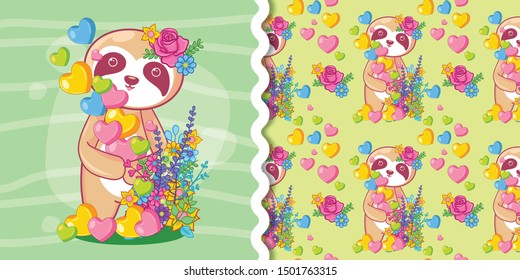 hand drawn cute sloth with heart with pattern set