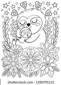 Hand drawn Cute Sloth Mom and baby with flower element vector doodle. Black and white lines. Vector Illustration.