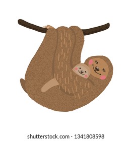 Hand drawn cute sloth mom with baby isolated on white background. Tropical animal. Vector illustration.