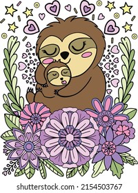 Hand drawn Cute Sloth Mom and baby with flower element vector doodle. Black and white lines. Vector Illustration.