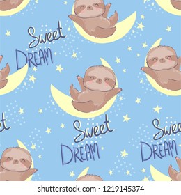 Hand Drawn cute sloth seamless pattern. Textile design print for children's pajamas.