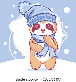 hand drawn cute sloth in winter