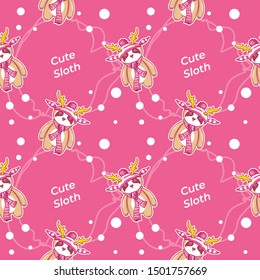 hand drawn cute sloth in winter with pattern set