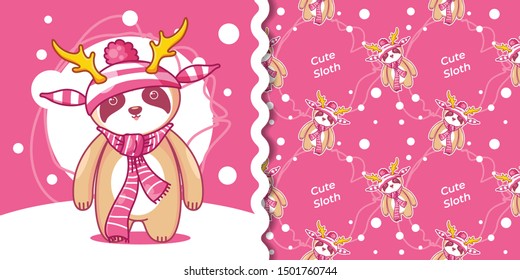 hand drawn cute sloth in winter with pattern set