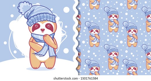 hand drawn cute sloth in winter with pattern set