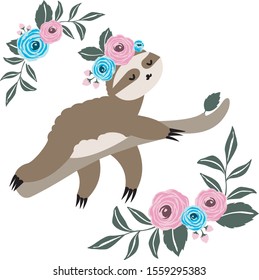 Hand drawn Cute sloths cartoon with Flowers and Leaf Vector Illustration  isolated on white background.