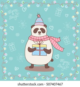 Hand drawn cute smiling cartoon panda in hat and scarf holding Merry Christmas gift box in frame of lights. Winter holidays concept drawing. Happy New Year sketch for greeting card, banner.