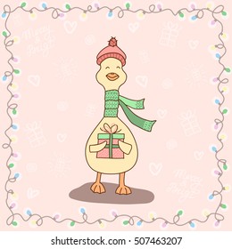 Hand drawn cute smiling cartoon duck in hat and scarf holding Merry Christmas gift box in frame of lights. Winter holidays concept drawing. Happy New Year sketch for greeting card, banner, design.