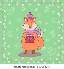 Hand drawn cute smiling cartoon fox in hat and scarf holding Merry Christmas gift box in frame of lights. Winter holidays drawing. Happy New Year sketch. Vector illustration of wood animal.