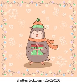Hand drawn cute smiling cartoon owl in hat and scarf holding Merry Christmas gift box in frame of lights. Happy New Year sketch for greeting card. Vector illustration of forest bird with present.