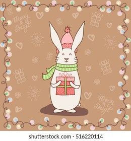 Hand drawn cute smiling cartoon rabbit in hat and scarf holding Merry Christmas gift box in frame of lights. Happy New Year sketch for greeting card. Vector illustration of forest bunny with present.