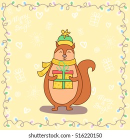 Hand drawn cute smiling cartoon squirrel in hat and scarf holding Merry Christmas gift box in frame of lights. Happy New Year sketch for greeting card. Vector illustration of forest animal.