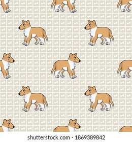 Hand drawn cute smooth collie puppy breed dog seamless vector pattern. Purebred pedigree puppy domestic dog on paw background. Dog lover toy spaniel pet all over print. Kennel pooch. EPS 10. 