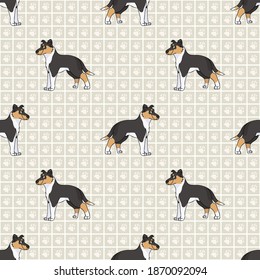 Hand drawn cute smooth collie breed dog seamless vector pattern. Purebred pedigree puppy domestic dog on paw background. Dog lover toy spaniel pet all over print. Kennel pooch. EPS 10. 