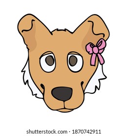 Hand drawn cute smooth collie face with pink bow puppy vector illustration. Purebred pedigree dog domestic dog on paw clipart. Dog lover toy spaniel pet. Kennel pooch. EPS 10. 