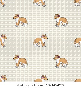 Hand drawn cute smooth collie breed puppy with pink bow seamless vector pattern. Purebred pedigree puppy domestic dog on paw background. Dog lover toy spaniel pet all over print. Kennel pooch. 