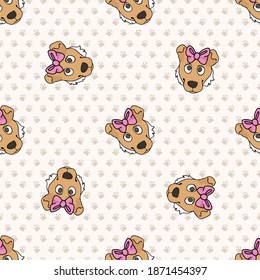 Hand drawn cute smooth collie breed puppy with pink bow seamless vector pattern. Purebred pedigree puppy domestic dog on paw background. Dog lover toy spaniel pet all over print. Kennel pooch. 