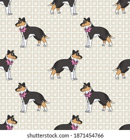 Hand drawn cute smooth collie breed dog with pink bow seamless vector pattern. Purebred pedigree puppy domestic dog on paw background. Dog lover toy spaniel pet all over print. Kennel pooch. 