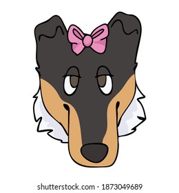 Hand drawn cute smooth collie face with pink bow dog vector illustration. Purebred pedigree dog domestic dog on paw clipart. Dog lover toy spaniel pet. Kennel pooch. EPS 10. 