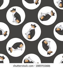 Hand drawn cute Smooth Collie dog breed in polka dot seamless vector pattern. Purebread pedigree puppy domestic on dotty background. Dog lover toy dog all over print. Kennel club pooch. 