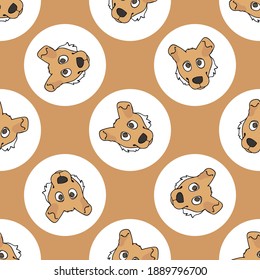 Hand drawn cute Smooth Collie dog breed in polka dot seamless vector pattern. Purebread pedigree puppy domestic on dotty background. Dog lover toy dog all over print. Kennel club pooch. 