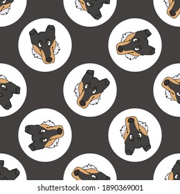 Hand drawn cute Smooth Collie dog breed in polka dot seamless vector pattern. Purebread pedigree puppy domestic on dotty background. Dog lover toy dog all over print. Kennel club pooch. 