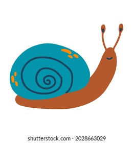 Hand drawn cute snail in cartoon childish style. Vector illustration of animal for baby apparel, textile and product design, wallpaper, wrapping paper, card, scrapbooking