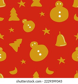 Hand drawn cute snow, bell, tree, moon and star seamless pattern for fashion prints decoration, fabric, wallpaper and all prints on background earth tone color.