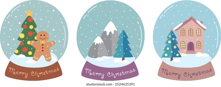 Dibujado a mano lindos globos de nieve. Concepto de feliz Navidad con árboles de año nuevo y copos de nieve	