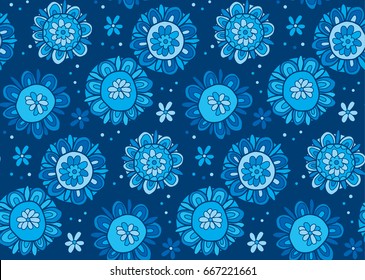 Hand drawn cute snowflake illustration. Abstract decorative flower like snow seamless pattern. Image for surface design, header, poster, background in winter blue color. 
