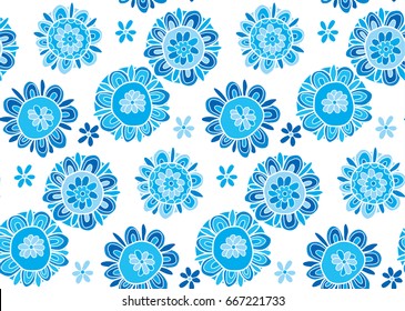 Hand drawn cute snowflake illustration. Abstract decorative flower like snow seamless pattern. Image for surface design, header, poster, background in winter blue color. 
