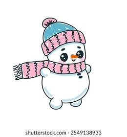 Dibujado a mano muñeco de nieve lindo con sombrero y bufanda. Ilustración vectorial sobre fondo blanco.