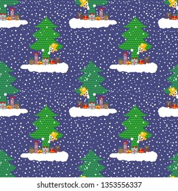 Hand drawn cute snowman on a cloud with gifts peeking out from behind a Christmas tree. Seamless vector pattern on blue and snowflake background. Great for Christmas products, stationery, giftwrap