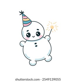 Hand drawn cute snowman with party hat dancing. Vector illustration on white background.