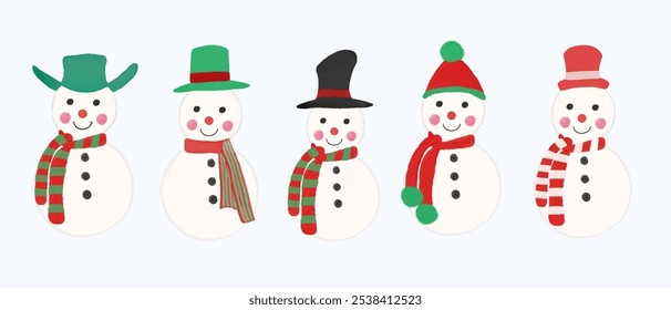 Hand drawn cute snowman in watercolor style, ideal for holiday decorations. This whimsical winter illustration captures the joy of snow days with a cozy hat and scarf, perfect for Christmas scenes.