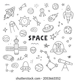 Hand drawn cute space set. Doodle sketch style. Vector linear illustration. Planets, aliens, rockets, UFO, stars isolated on white background.