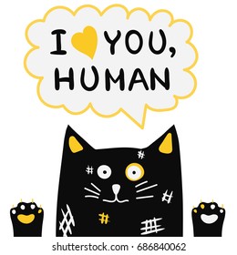 Hand drawn cute spotted cat with  hand lettering text. Vector illustration.