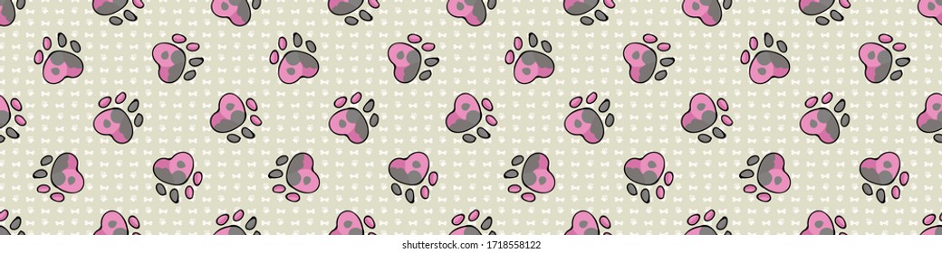Hand drawn cute spotty puppy dog paw seamless vector border. Wild animal paw pad background. Fun joyful wild trail for kids all over print. Kitten and pet. EPS 10. 