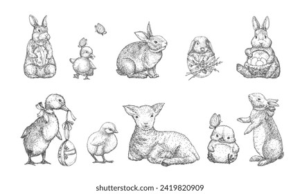 Hand Drawn Cute Spring Animals Vector Illustrations Set. Little Hare, Rabbit, Ducks Chicken and Lamb with Ribbons and Eggs Sketches Collection. Holiday Engraving Style Drawings. Isolated