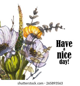 Hand drawn cute spring bunch of violet flowers. Suitable for greeting cards, invitations, wedding decorative elements. Isolated on white.